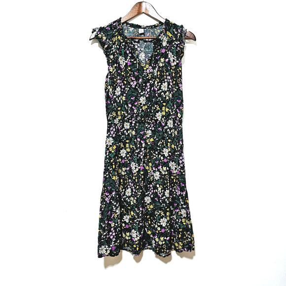 Old Navy Floral Knee Length Dress Size M Tall Tie Neck Flutter Sleeve Cottage - Picture 1 of 7